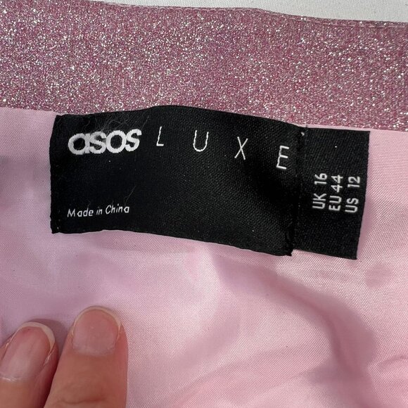 ASOS Luxe Structured One Shoulder Mini Dress Pink Glitter Party Asymmetric US 12 - Picture 8 of 15